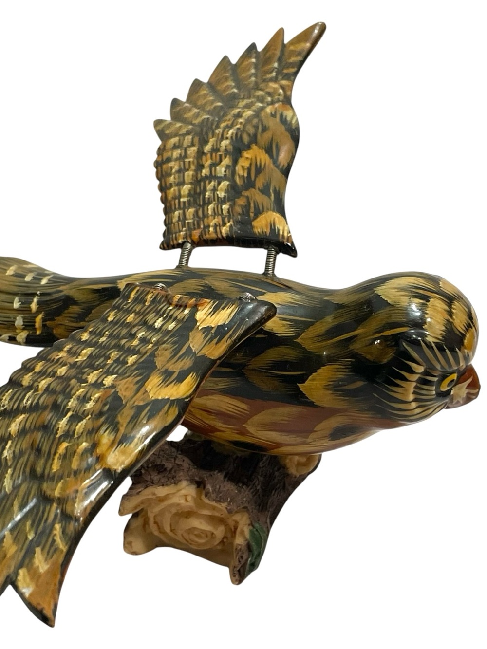 Vintage 2000s Lacquered Wood Owl Figurine Standing Resin Tree Stump Spring Wings